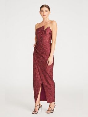Theia Harmony Asymmetric Stretch Jacquard Gown 4 Tuscany Burgundy Red $845 NWT